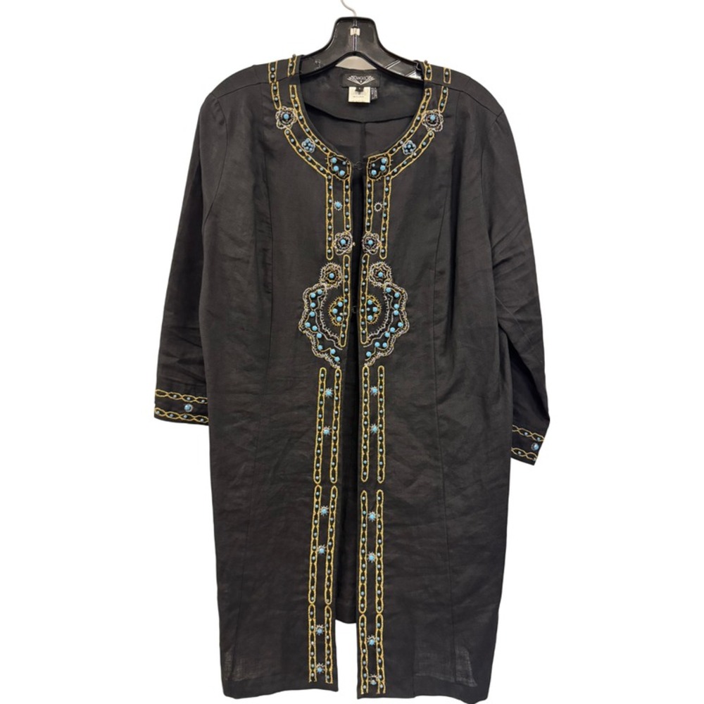 Vtg ANGEL II Black Linen Kaftan Jacket Embroidered w/ turquoise stones Women's M